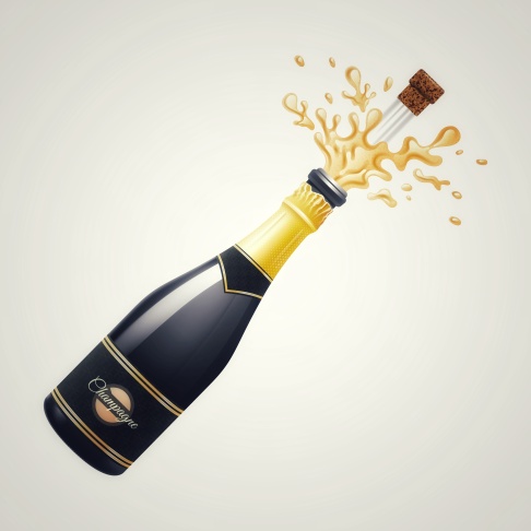 Black champagne bottle explosion with cork and splashes realistic vector illustration
